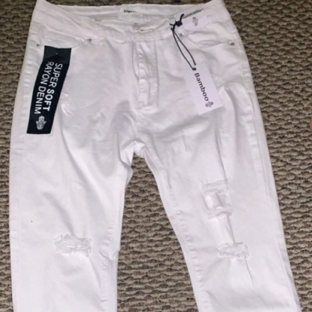 BAMBOO : White Ripped Skinny Jeans